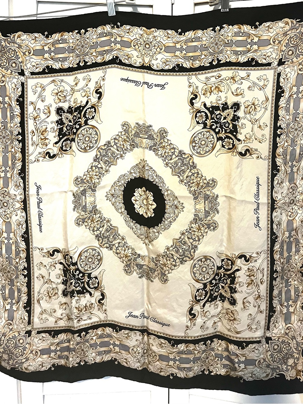 Beautiful French Jean Paul Classique Ornate Silk Scarf in Black & Cream